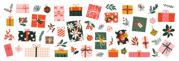 merry christmas and happy new year element vector. collection drawing of holly berry plant, flower, 