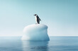 Illustration symbolizing the impact of global warming, featuring a stranded penguin on a melting ice piece. Ai generated