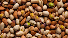 A Lot Of Pistachios In The Shell, Almonds Assorted Nuts Close-up Texture, Pattern. Generative AI