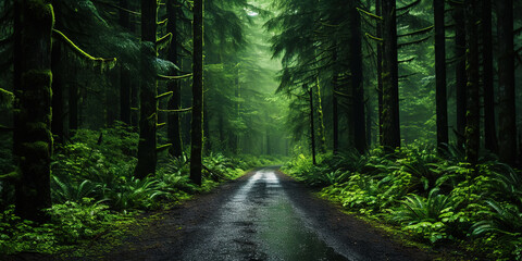 Misty road in fir forest. Minimalistic scenery. Generative AI