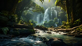 Fototapeta Natura - waterfall in the mountains, a waterfall in a lush forest