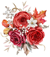 Wall Mural - Autumn rose bouquet watercolor