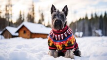 Christmas Scottish Terrier Background. Merry Christmas, Happy New Year Concept. Cute Dog Dressed In Wearing Festive Outfit, Xmas Jackets, Jumper..