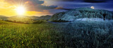 Fototapeta  - mountainous landscape with asphalt road winding through the valley with sun and moon on the sky. day and night time change concept. panorama of countryside scenery in morning light at summer solstice