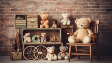 Retro Teddy Bear Plush Toys Great Collection On Wooden Shelving, Antique Rocking Chair, Old Stool, Boxes Front Loft Concrete Wall Background. Childhood Nostalgia Concept. Vintage Style Filtered Photo