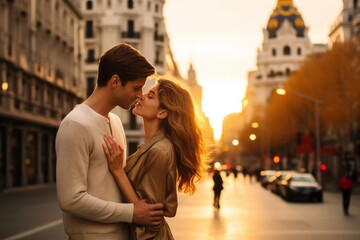 Wall Mural - Romantic Couple Embracing on a Bustling City Street at Sunset