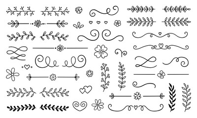Wall Mural - text dividers doodle set. wedding decorative elements with leaves, swirls, hearts. divider ornament,