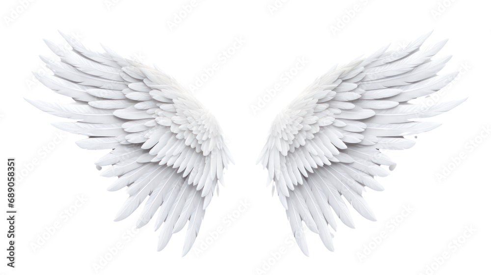 Realistic wings. A pair of white angel wings with 3D feathers isolated ...