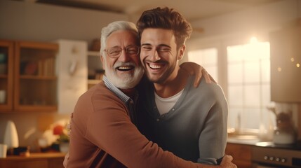 Adult hipster son fun hugging old senior father at home,2 man happy enjoy to living at home in father's day with love of family, two generations have a beard talking together and relaxing with smile
