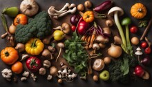 Healthy Vegetarian Seasonal Food. Flat-lay Of Autumn Vegetables, Fruits And Mushrooms From Local Market With Text Space. Vegan Ingredients