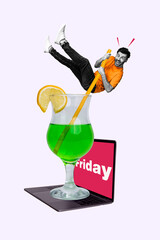 Sticker - Creative collage poster picture of man swing on straw drink alco beverage on friday night rest