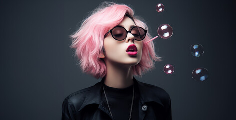 Wall Mural - portrait of a woman in glasses, girl with balloons, depressed punk girl in black clothing wearing brig, 