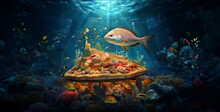 Aquarium With Fish, A Fish Eating Big Pizza With Cheese And Tomato In The Sea