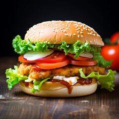 Wall Mural -   Tasty Chicken burger with vegetables - Generative AI