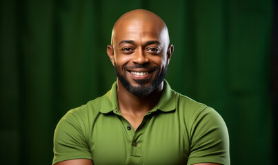Wall Mural - Confident African American man with a vibrant smile and crossed arms wearing a lime green polo shirt against a matching green background