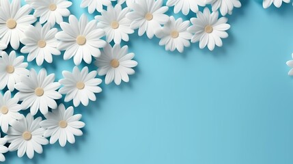 Sticker - Flower border frame made of white and blue Daisy flowers on blue background. Seamless Greeting floral card template with copy space