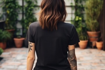 Wall Mural - Woman In Black Tshirt On The Street, Back View, Mockup