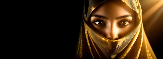 Portrait of a beautiful young woman with brown eyes, looking at camera, wearing a golden veil, on a black background with copy space.