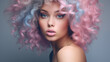 Pastel Colored Hairstyle and Makeup Fashion Portrait. Elegant fashion model with pastel pink and blue curls and artistic eye makeup in a sophisticated studio shot.