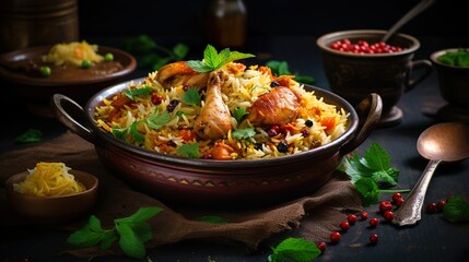 Wall Mural - Chicken biryani in a shiny silver bowl, Spicy curry and aromatic flavors, authentic Indian food, serving fancy food in a restaurant.