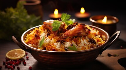 Wall Mural - Spicy chicken biryani cuisine in a shiny silver bowl, authentic Indian food, serving fancy food in a restaurant.