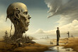 illustration of abstract world in style of surrealism, man travels through desert landscape, next to sculpture in form of head from mechanics details