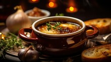 Classic French Onion Soup With Grating Cheese And Parsley. Served With Toasted Baguette On The Wooden Table Background. Serving Fancy Vegetarian Food In A Restaurant.