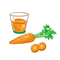 Wall Mural - One glass of carrot juice and a fresh carrot. Picture in line style. Dark outline with colored spots. Isolated on white background. Vector flat illustration.