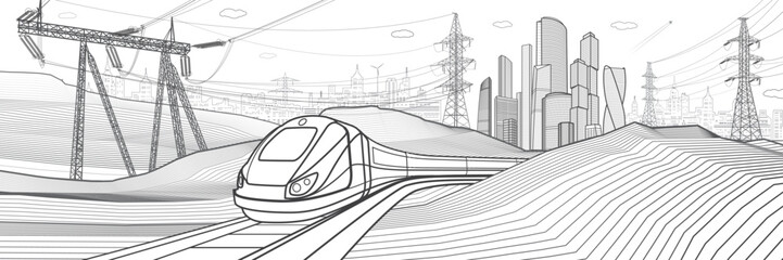 Wall Mural - Modern town. Train rides. Power lines. City Infrastructure and transport illustration. Urban scene. Vector design art. Gray outlines on white background