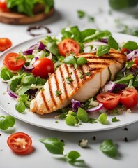 Wall Mural - Chicken breast fillet and vegetable salad with tomatoes and green leaves on a light background. top view

