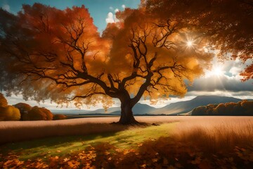 Canvas Print - autumn landscape with tree and sky-