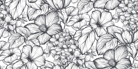 Beautiful hand drawn vector seamless pattern with black and white garden flowers, clematis, hydrangea, begonia