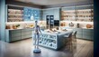 In a futuristic kitchen, a sleek robot stands amidst modern furniture, admiring the clean lines of the cabinetry and countertop against the crisp white walls, while a vase of flowers adds a touch of 