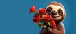 Cute Cartoon Sloth Holding a Bouquet of Red Roses for Valentines Day with Space for Copy
