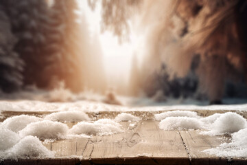 Wall Mural - Wooden desk of free space for your decoration. Winter landscape of mountains. Board cover of snow and frost. December time and christsmas compositon. Natural light and empty mockup backdrop.