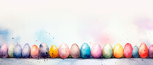 Set Of Beautiful Watercolor Easter Eggs Over White Background With Empty Space For Text. Colorful Illustration For Poster, Card Or Greetings.