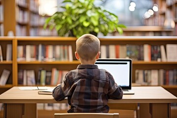 A boy look and work on a laptop, a view from behind. Schoolchildren.