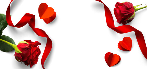 Wall Mural - valentine's day banner design elements isolated on white background. red silk ribbon, red rose flowe