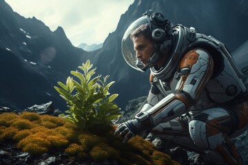 Wall Mural - An astronaut in a spacesuit explores a plant on an unknown planet. Space explorers, Galaxies.
