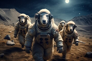Wall Mural - A group of sheep astronauts in spacesuits explores the planet.