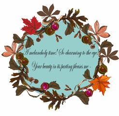 Greeting card , wreath with ripe rowan berry and leaves. Text of poem Pushkin