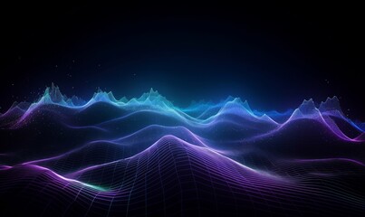 Wall Mural - Technology background with connected dots on 3D wave landscape. Data science, particles, digital world, virtual reality, cyberspace, metaverse concept, Generative AI