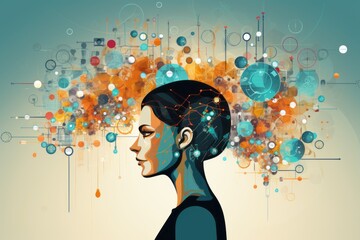 Poster - Drawing of a woman's head surrounded by intricate circuitry and futuristic elements. Symbiotic fusion of AI and human intelligence. Artificial intelligence, science fiction.