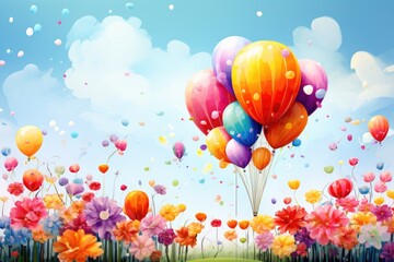 Poster - Colorful balloons flying over the meadow with flowers and sky background, A colorful card with balloons and flowers, AI Generated