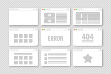 Fototapete - Web browser window, pages layout with toolbar and search field. Modern website, internet page in flat style. Browser mockup for computer, tablet and smartphone. Adaptive UI. Vector illustration