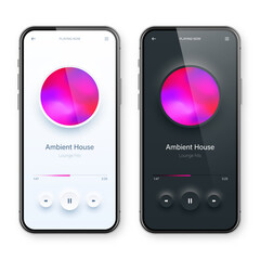 Wall Mural - Online audio player user interface, smartphone app UI design. Music, media streaming and listening platform. Responsive mobile application. Neumorphism, neumorphic style. Vector illustration.
