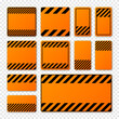 Various blank orange warning signs with diagonal lines. Attention, danger or caution sign, construction site signage. Realistic notice signboard, warning banner, road shield. Vector illustration