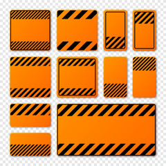 Wall Mural - Various blank orange warning signs with diagonal lines. Attention, danger or caution sign, construction site signage. Realistic notice signboard, warning banner, road shield. Vector illustration