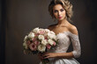 Beautiful bride in a wedding dress with a bouquet of white flowers. fashion studio photo of beautiful sensual woman with blond hair in elegant wedding dress with bouquet of flowers on dark background
