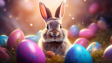 Easter Bunny And Colorful Eggs On Nature Background. Easter Concept. Cute Easter Bunny And Colorful Eggs On Green Grass At Sunny Day. Easter Background. Happy Easter!